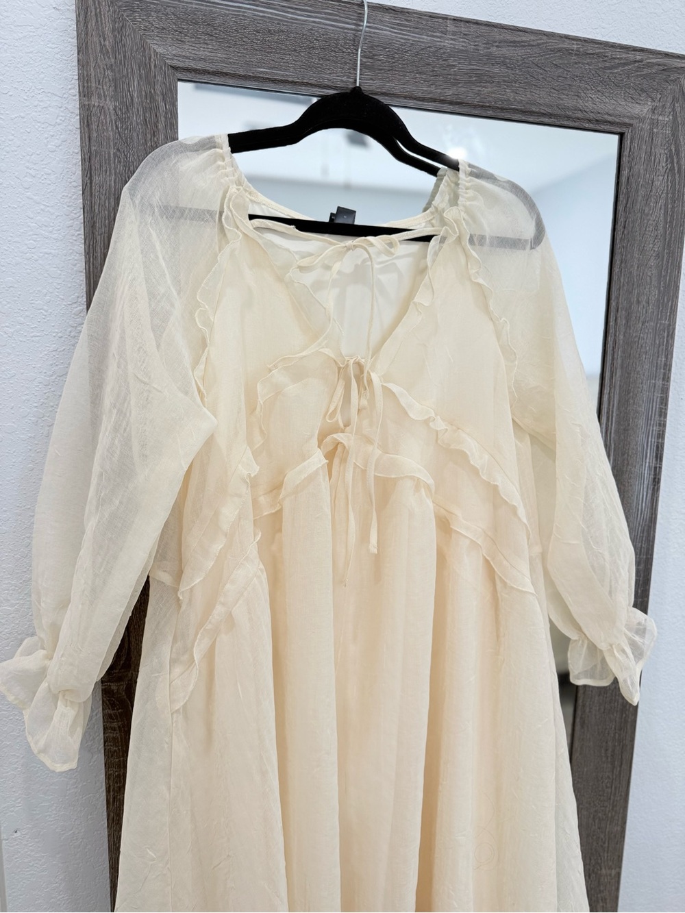 Sheer Ruffle Tie-Front Cream Dress